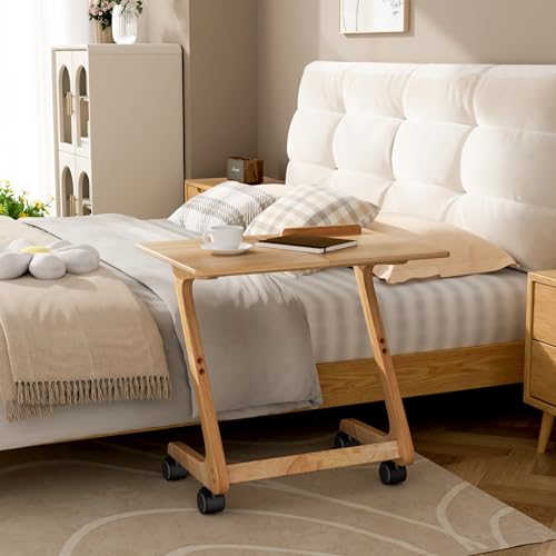 FLYJOE TV Tray Table, TV Dining Table with Casters for Small Spaces, Solid Wood End Table, Sofa Couch Side Table Removable Snack Tray for Coffee Bed Sofa Eating Writing Reading Living Room Bedroom - color: Natural