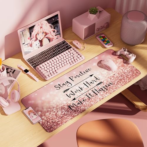 Desk Mat,Large Mouse Pad 35''×15.6'' XXL Extended Gaming Mouse Pad Mat with Non-Slip Base Stitched Eges Mousepad for Computer,Office,Keyboard and Laptop - Pink Stay Positive - color: A10-Stay Positive