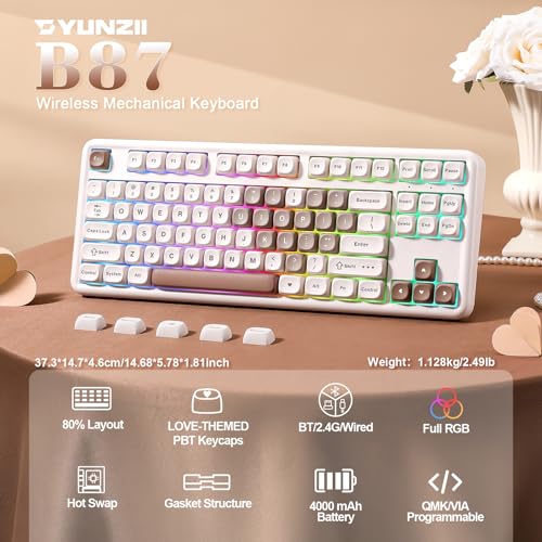 YUNZII B87 Wireless Mechanical Keyboard,QMK/VIA Programmable,TKL Layout 87 Keys,BT/2.4G/USB-C,Hot Swap Gasket Mount RGB Backlit Gaming with Wrist Rest for Win/Mac (Brown Heart, Milk V2) - color: Brown Heart, size: Milk V2