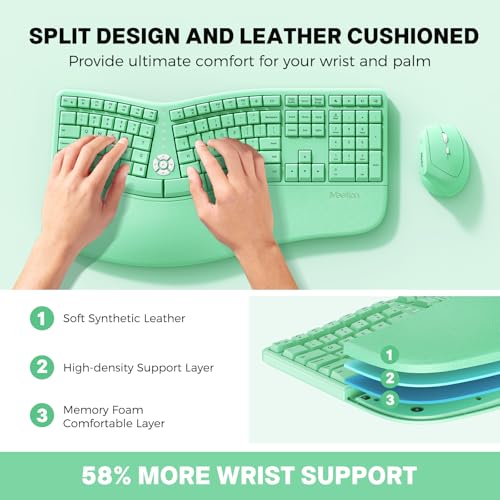 MEETION Ergonomic Keyboard and Mouse, Wireless Keyboard with Vertical Mouse, Split Curved Keyboard with Wrist Rest, Natural Typing Full Size, Windows/Mac/Computer/Laptop, Green - color: Green