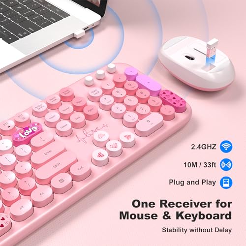 MOFII Wireless Keyboard and Mouse Combo, Full Size 2.4G Plug and Play Typewriter Retro Round Computer Keyboard and Mouse Set for Windows, Computer, Desktop, PC, Notebook - (Pink Colorful) - color: Lovely Pink