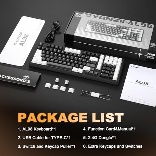 YUNZII AL98 QMK/VIA Wireless Mechanical Gaming Keyboard,Full Aluminum,BT/2.4G/USB-C, Pre-Lubed Hot Swappable Gasket Mount 1800 Layout,RGB Backlit for Win/Mac (Black, Milk Switch) - color: Black, size: Milk Switch