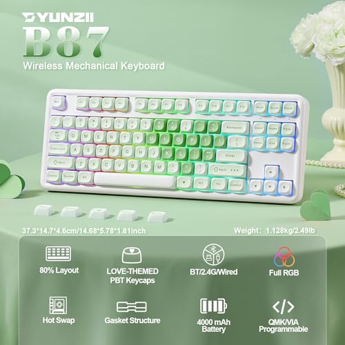 YUNZII B87 Wireless Mechanical Keyboard,QMK/VIA Programmable,TKL Layout 87 Keys,BT/2.4G/USB-C,Hot Swap Gasket Mount RGB Backlit Gaming with Wrist Rest for Win/Mac (Matcha Heart, Cocoa Cream V2) - color: Matcha Heart, size: Cocoa Cream V2