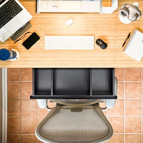Under Desk Drawer Storage, Black With Adjustable Space Divider, Hidden Slide Out Drawer Tray, Waterproof Office Sit Stand Desk Caddy for Pencil Storage