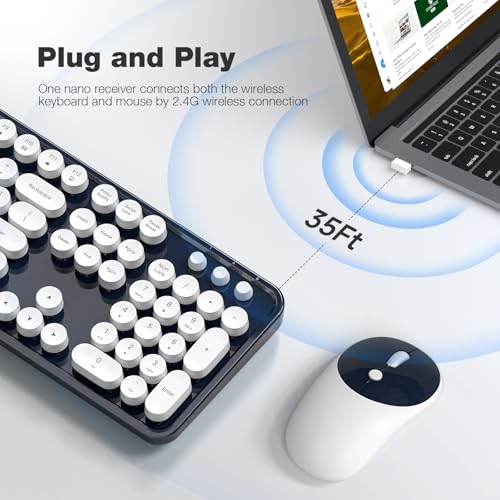 MOFII Wireless Keyboard and Mouse Combo, Computer Full Size 2.4G Plug and Play Wireless Typewriter Retro Round Keyboard and Mouse Set for Windows, Computer, Desktop, PC, Notebook - (Dark Blue) - color: Dark Blue