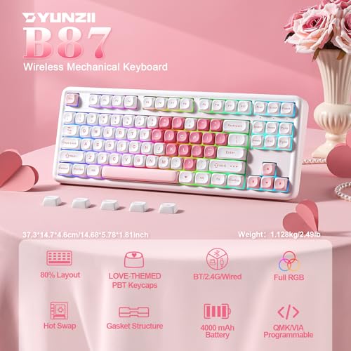YUNZII B87 Wireless Mechanical Keyboard,QMK/VIA Programmable,TKL Layout 87 Keys,BT/2.4G/USB-C,Hot Swap Gasket Mount RGB Backlit Gaming with Wrist Rest for Win/Mac (White Heart, Cocoa Cream V2) - color: White Heart, size: Cocoa Cream V2