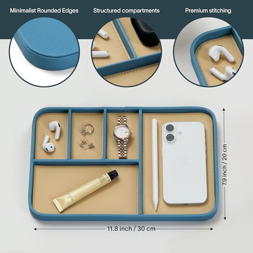 Nordik Leather Valet Tray - Nordik Blue - 11.8x7.9 Inch Large-Sized Vegan Leather Tray - Stylish Nightstand Organizer for Men - Modern Bedside Caddy - EDC Catchall for Keys Watch Wallet Jewellery - color: Nordik Blue, size: 11.8in x 7.9in