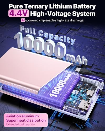 Aaoyun Portable Charger Power Bank, 10000mAh 22.5W PD Fast Charging Powerbank with Built-in USB C Cable, Slim External Phone Battery Pack for iPhone 17/16/15 Samsung S24 Android etc (Pink) - color: Pink-10000mah