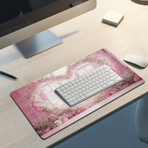 Valentine's Day Pink Cherry Blossom & Heart Large Extended Gaming Mouse Pad 24"x12" - XXL Computer Desk Mat for Keyboard and Mouse - Non-Slip Rubber Base & Durable Stitched Edges - color: Black-2, size: 24"Lx12"W