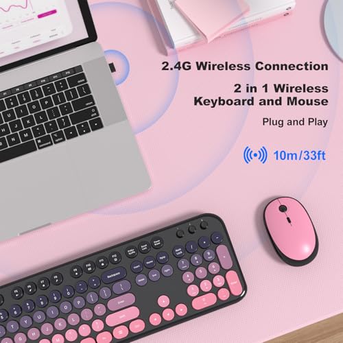 MOFII Wireless Keyboard and Mouse Combo, Full Size 2.4G Retro Round Computer Keyboard and Mouse Set, Plug and Play, for Windows, Computer, Desktop, PC, Notebook - (Lovely Plum Pink Gradient) - color: Lovely Plum Pink Gradient