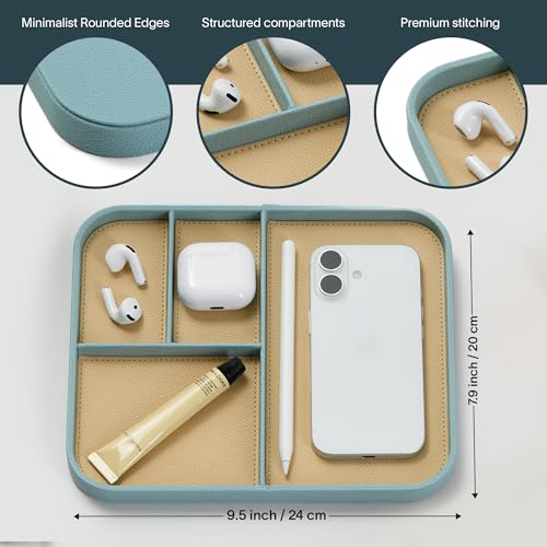 Nordik Leather Valet Tray - Seafoam Mist - 9.5 x 7.9 Inch Medium Vegan Leather Tray - Stylish Nightstand Organizer for Men - Modern Bedside Caddy - EDC Catchall for Key Watch Wallet Jewellery - color: Seafoam Mist, size: 9.5in x 7.9in