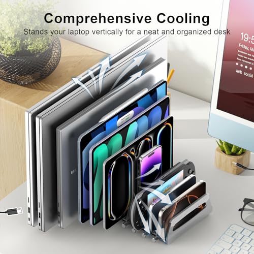 Elestoria 10-Slot Vertical Laptop Stand & Holder – Adjustable Aluminum Laptop Stand Vertical for Desk Fits 10 Devices, MacBook & Gaming Laptops (Up to 17.3”) – Space Saving Laptop Storage Rack - Grey - size: 10 - Slot