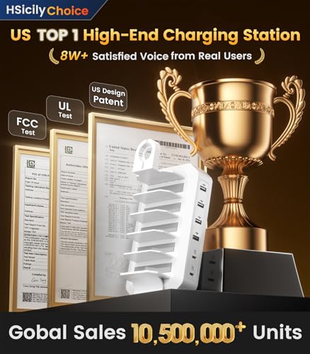 95W Fast Charging Station for Multiple Devices【UL & FCC Tested Safer Charging】 6-Port USB Charging Dock with 2 PD-Port, Compatible with iPhone/Android/MacBook/iPad/Tablet/Kindle(8 Cables Included) - color: White, size: 95W