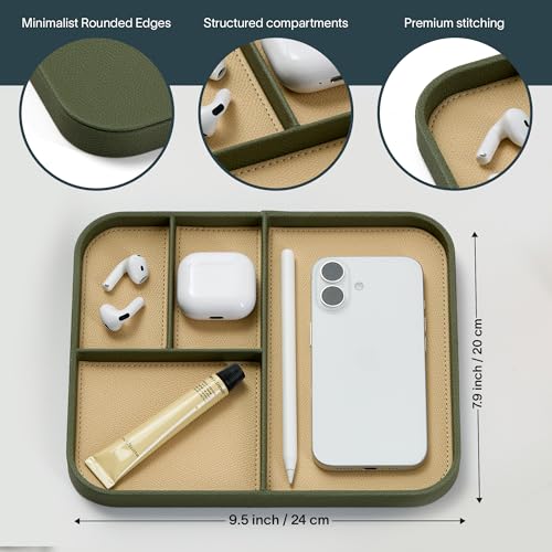 Nordik Leather Valet Tray - Moss Green - 9.5 x 7.9 Inch Medium Vegan Leather Tray - Stylish Nightstand Organizer for Men - Modern Bedside Caddy - EDC Catchall for Key Watch Wallet Jewellery - color: Moss Green, size: 9.5in x 7.9in