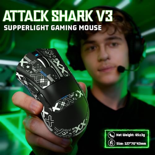 ATTACK SHARK V3 Ultra-Light Wireless Gaming Mouse,PAW3311 Sensor, 500mAh, 62g, 25KDPI 2.4G/BT/USB-C Rechargeable Wireless Mouse with 5 Programmable Buttons for Laptop,PC,Mac Gamer (Black Griptap) - color: Black Griptape