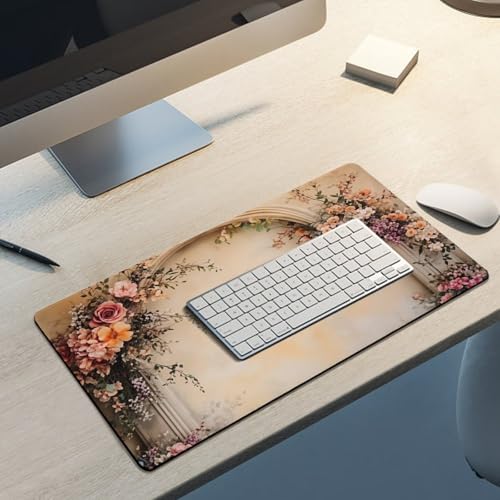 Vintage Floral Large Extended Gaming Mouse Pad 24"x12" - XXL Computer Desk Mat for Keyboard and Mouse - Non-Slip Rubber Base & Durable Stitched Edges - color: Black, size: 24"Lx12"W