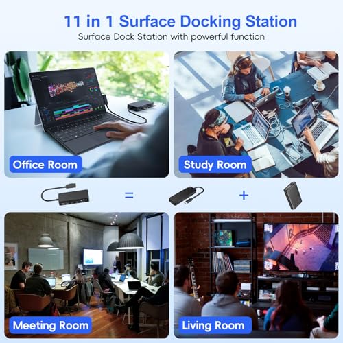Surface Pro Docking Station with Power Adapter, 11-in-1 Surface Dock Dual Displays 4K HDMI+VGA, Sur face Docking Station for Sur face Pro 11/10/9/8/X/7/7+/6/5/4/3, Sur face Book/Laptop/Go