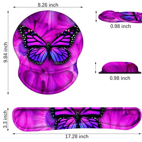 ARTSO Ergonomic Mouse Pad with Wrist Rest, Comfortable Keyboard Wrist Rest, Memory Foam Mousepad for Computer Keyboard, Mouse Pad Set for Easy Typing, Pain Relief, Purple Butterfly - color: Purple Butterfly