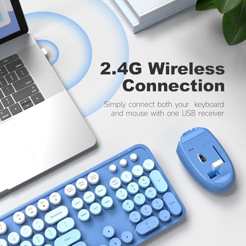 MOFII Wireless Keyboard and Mouse Combo, Full Size 2.4G Plug and Play Typewriter Retro Round Computer Keyboard and Mouse Set for Windows, Computer, Desktop, PC, Notebook - (Blue Gradient) - color: Blue Gradient