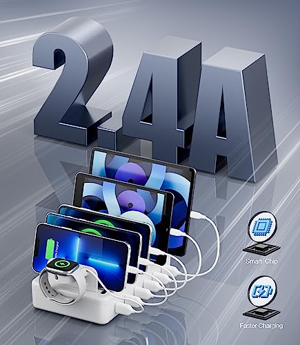 Charging Station for Multiple Devices, 6 Port 50W Fast Multi Charger Station Charging Dock with 6 Mixed Charging Cables for iPhone, iPad, Kindle, Tablet, Cellphone and Others - color: White