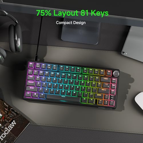 RK ROYAL KLUDGE R75 Wired Mechanical Gaming Keyboard, 75% Hot-Swap Mechanical Keyboard Volume Knob, Soft Pre-lubed Tactile Brown Switch - color: pure black