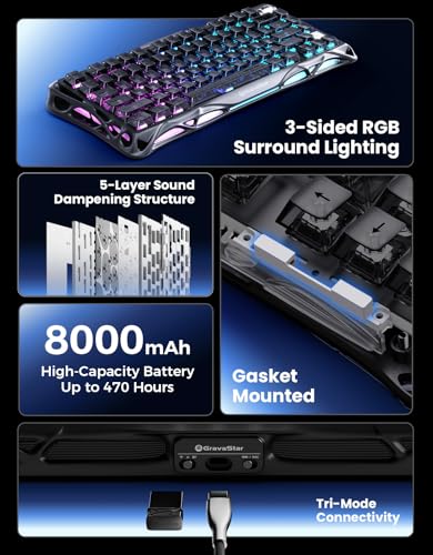 GravaStar Mercury K1 75% Wireless Mechanical Keyboard, Aluminum Alloy Gaming Keyboard with Knob, Hot Swappable, Linear Switches, Transparent Keycaps, RGB Backlit, 2.4GHz/BT5.0/USB for PC Gaming - color: Stealth Black