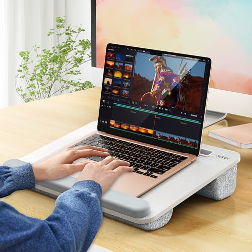 Besign LT08 Laptop Stand, Portable Lap Desk with Pillow Cushion, Fits up to 14 inch Laptop, with Anti-Slip Strip for Desk, Sofa & Bed, White and Gray - color: White and Gray