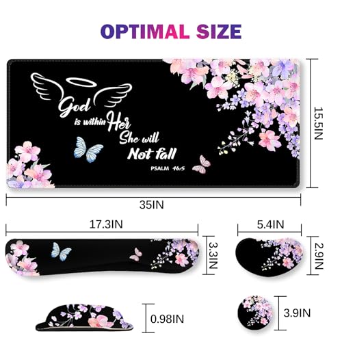 ARTSO Large Mouse Pad Keyboard Wrist Rest Support Combo, Memory Foam Wrist Pad, Extended Desk Mat Protector, God is Within Her Desk Blotter, Psalm Flower Butterfly - color: Psalm Flower Butterfly