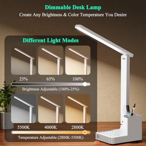 COZOO LED Desk Lamp with 2 USB Charging Ports,Type C Port,1 AC Outlet,2 Pen Holders,3 Color Temperature 3 Brightness Level,Touch/Memory/Timer,10W Eye Protection Foldable Reading Light,Study Lamp-White - color: White
