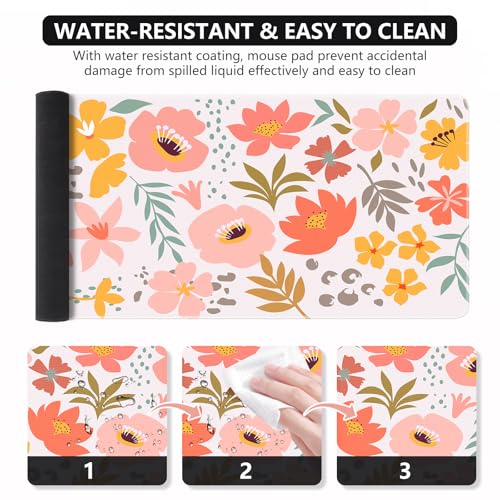 iCasso Desk Matt for Desktop, Cute Desk Pad Mat, XXL Large Mouse Pad, Anti-Slip Big Mousepad with Stitched Edges, Keyboard Pad Mouse Mat for Computer, Work, Gaming (Flowers Leaves) - color: Flowers Leaves