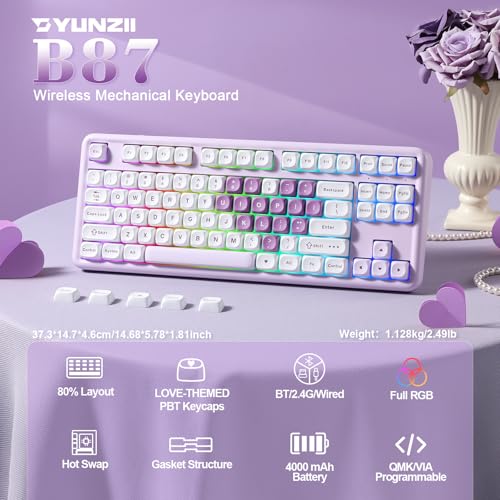 YUNZII B87 Wireless Mechanical Keyboard,QMK/VIA Programmable,TKL Layout 87 Keys,BT/2.4G/USB-C,Hot Swap Gasket Mount RGB Backlit Gaming with Wrist Rest for Win/Mac (Purple Heart, Cocoa Cream V2) - color: Purple Heart, size: Cocoa Cream V2
