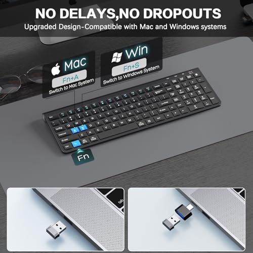 JOYACCESS Wireless Keyboard, 2.4G Ergonomic and Slim Wireless Keyboard with USB & Type C, Full Size and Portable Design for Computer/Laptop/Windows/Mac-Black - color: Black
