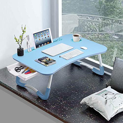 Slendor Lap Desk with Tablet Slot, Foldable Laptop Table with Storage Drawer for Bed,Portable Bed Desk for Laptop, Computer Tray with Cup Holder Notebook Stand Reading Holder for Couch Floor, Blue - color: Blue