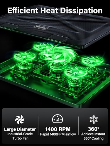 Kootek Laptop Cooling Pad, Laptop Cooler with 5 Quiet Fans for 12"-17" Computer PC Notebook Gaming Laptop Fan, Height Adjustable Laptop Cooling Stand Laptop Accessories, Green - color: Green