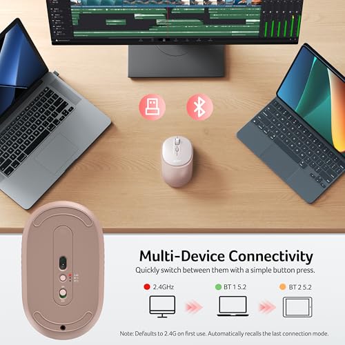 acer Bluetooth Wireless Mouse for Laptop, Computer Mouse Wireless (BT5.2+2.4GHz), Small to Medium Size, Left & Right Handed Office USB Mice with USBA Receiver, Compatible with PC, Desktop (Pink) - size: Normal