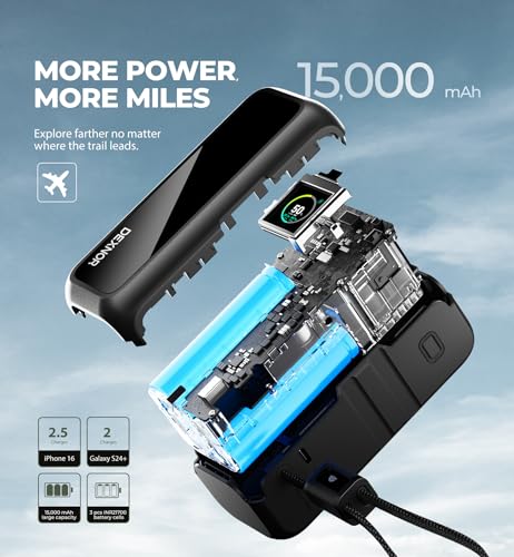 Dexnor 3-in-1 Power Bank, 15,000mAh Battery Pack with 65W Output, Foldable AC Plug, Built-in USB Handle Cable, Support PD3.0 and PPS Fast Charging, Sleek Portable Charger for iPhone, Samsung, etc.