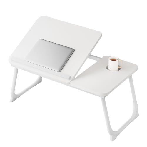 Laptop Desk for Bed, Adjustable Laptops Stand with 5 Adjustable Angles, Portable Lap Tray Table with Cup Holder, Laptop Bed Desk Tray for Eating Working Writing Reading (White) - color: White