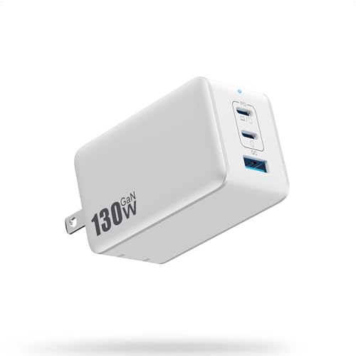 130W USB C Charger Block,GaN 3-Port Compact Wall Charger,Foldable Fast Charging Station,PD 65W USB C Laptop Charging for MacBook Pro/Air, Dell XPS, iPhone 16/15/14/13,iPad Pro,Galaxy S24/S23 (White) - color: B-White