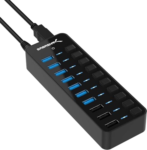 SABRENT 10-Port USB 3.0 Hub, Individual Power Switches and LEDs, 3 Smart Charging Ports, 60W Power Adapter, for PC, Mac, Xbox, PS5, Laptop, Desktop, USB Devices (HB-B7C3) - size: 10-Port - 7 USB 3.0 + 3 Charging