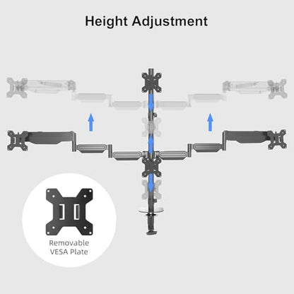 Pholiten Quad 4 Monitor Arm Desk Mount for Max 32 inch Screens, Gas Spring Adjustment Monitor Stand with VESA 75x75mm, 100x100 mm, Clamp & Grommet Install Black MD18864 - style: 4 monitor mount