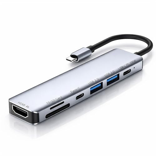 USB C Hub 7-in-1 Multiport Adapter with 4K HDMI, 100W PD Charging, USB 3.0 & USB 2.0, SD/TF Card Reader, Aluminum Type-C Dock Compatible with MacBook Pro/Air, Chromebook, Dell, HP & USB-C Devices