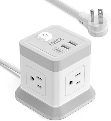 Power Strip with USB C, FDTEK Desktop Power Cube Strip, 10 FT Extension Cord with 4 Outlets and 3 USB, Compact Power Strips Tower for Travel Home Office Cruise Ship - White - color: White, size: 10FT