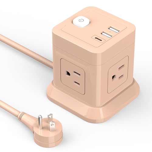 Cube Power Strip, FDTEK 4 Widely Spaced Outlet with 3 USB (1 USB C) Flat Plug Power Strips with Long Extension Cords Space Save Compact Portable for Travel Home Office Cruise (Pink) - color: Pink, size: 5FT