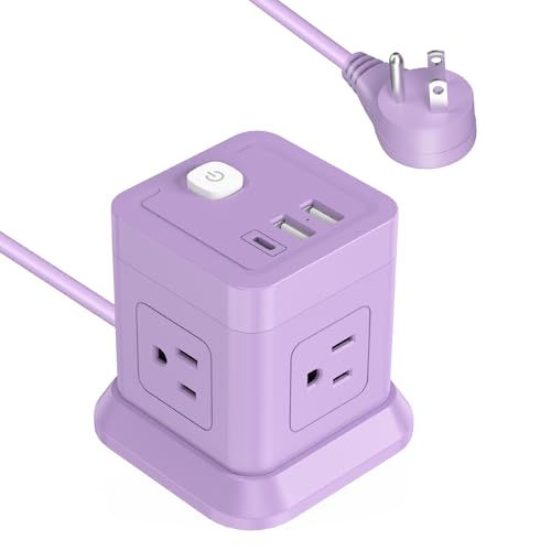 Cube Power Strip, FDTEK 4 Widely Spaced Outlet with 3 USB (1 USB C) Flat Plug Power Strips with Long Extension Cords Space Save Compact Portable for Travel Home Office Cruise (Purple) 10FT - color: Purple, size: 10FT