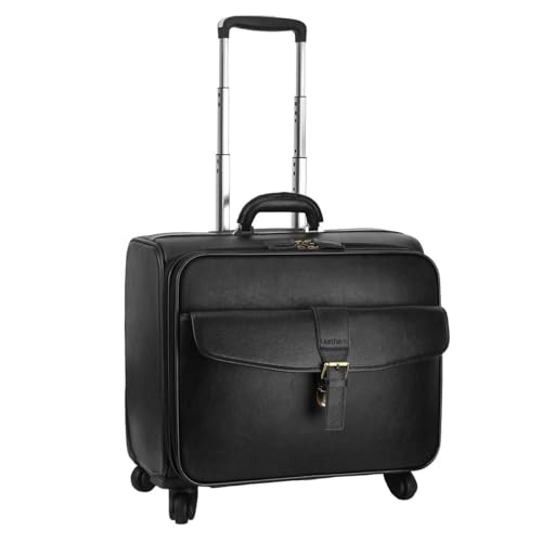 Leathario Leather Rolling Laptop Case Wheeled Briefcase Suitcase Roller Boarding - color: Black