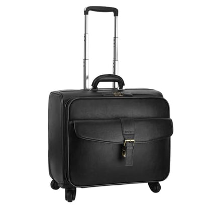 Leathario Leather Rolling Laptop Case Wheeled Briefcase Suitcase Roller Boarding - color: Black
