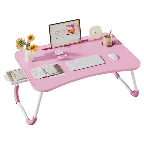 Lap Desk Bed Trays for Eating and Laptops Breakfast in Bed Tray for Sofa/Couch/Study/Reading/Writing with Cup Holder/Drawer On Low Sitting Floor Large Portable Foldable (Pink) - color: Pink
