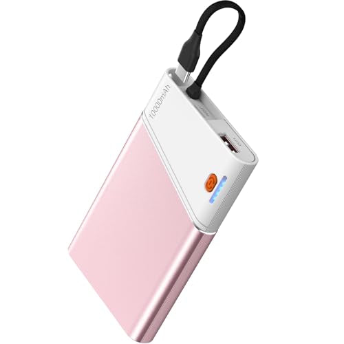 Aaoyun Portable Charger Power Bank, 10000mAh 22.5W PD Fast Charging Powerbank with Built-in USB C Cable, Slim External Phone Battery Pack for iPhone 17/16/15 Samsung S24 Android etc (Pink) - color: Pink-10000mah