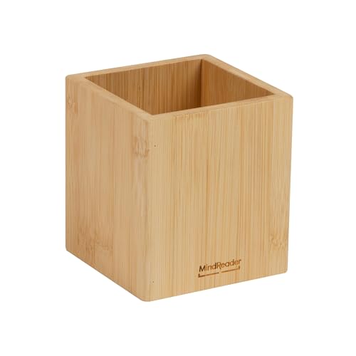 Mind Reader Pen Cup, Accessory Holder, Desktop Organization, Office, Bamboo, 3.5"L x 3.5"W x 3.875"H, Brown - size: Pen Cup