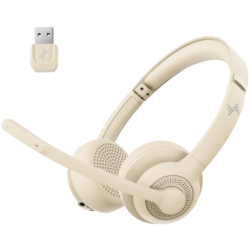 JIAMQISHI Wireless Headset with AI Noise Cancelling Microphone Bluetooth Headset - Bluetooth V5.2 Headphones with USB Dongle & Mic Mute for Computer/Laptop/PC/iPhone/Android/Cell Phones/Zoom-Apricot - color: Apricot